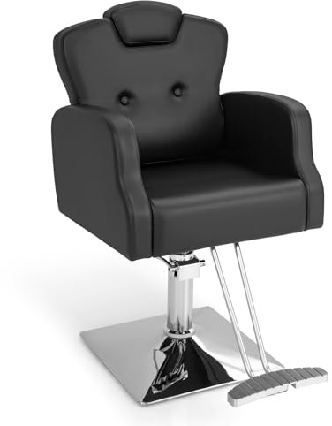 FANTASK Friseurstuhl Höhenverstellbar, Salonstuhl Drehbar mit Kopfstütze, Rückenlehne & Hydraulikpumpe, Frisörstuhl bis 150kg für Barbershop Salon, Schwarz