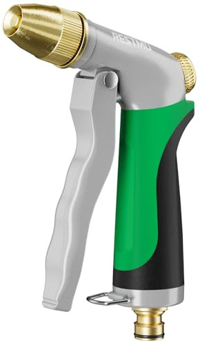 RESTMO Gartenbrause Metall, Gartenspritze Messingdüse, Handbrause Garten | Einstellbarer Wasserfluss mit Kontinuierlicher Sperrfunktion für Gartenbewässerung, Autowäsche, Gehwegreinigung - Grün