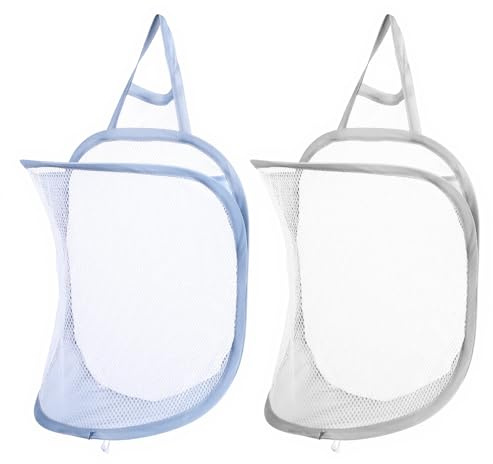 WJIAAA Hängender Wäschekorb,2 Stück Wäschekorb Klein Faltbarer Mesh Laundry Basket, Pop Up Hänge Netzkorb, Wand-Wäschekörbe aus Mesh für Heim Reisen Badezimmer (Weiß, Grau)