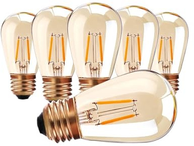 JrEam Bombilla LED de filamento E27 1W S14, Vidrio ámbar ST45, Regulable, luz Amarilla cálida de 2200 K.(6PCS_Yes_1W)