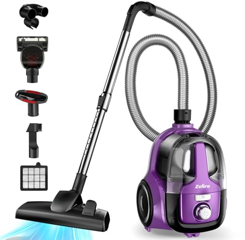 Zefiro Canister Vacuum Cleaner, Bagless Canister Vacuum for Home, Powerful Suction, Auto Cord Rewind, HEPA Filter, Corded Vacuum for Hard Floors, Carpet, Pet Hair, Apartment/Rental Friendly(Violet)