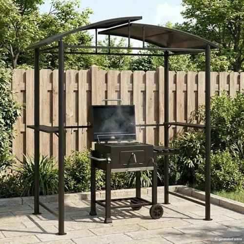 Kaloriko Cenador para barbacoa con marco de acero y techo de policarbonato, color antracita, 210 x 114 x 230 cm, toldo resistente a la intemperie con estantes laterales, protección UV, resistente al