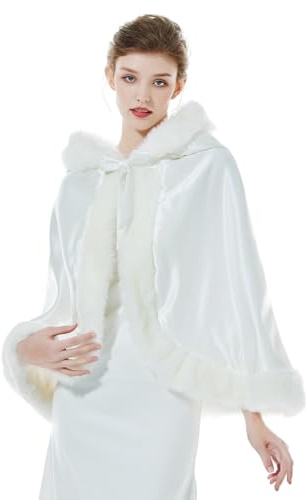 BEAUTELICATE Mantello con Cappuccio Donna Mantella Corto Pelliccia Sintetica Rosa da Sposa con Mano Muff per Matrimonio Invernale Hallween Natale Carnevale Cosplay (Avorio, Taglia Unica)