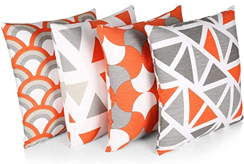 Penguin Home 3433 Juego de 4 Fundas de Cojín Cuadradas Decorativas de Doble Cara con Cremallera Invisible, 45 x 45 x 45 cm, Color Naranja y Gris, 45 x 45 x 1 cm, Algodón