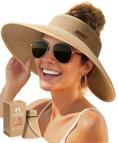 FURTALK Sun Visor Hat for Women Wide Brim Straw Roll-Up Ponytail Summer Beach UV UPF80+ Packable Foldable Travel, Pure Khaki