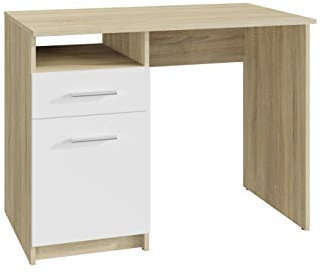 MATKAM Schreibtisch Bodo DSP H75xB100xT50cm,laminierte Möbelplatte,Schublade mit Metalllaufleiste auf Rollen,Ablage mit Tür,Metallscharniere,satinierte Griffe (Sonoma Eiche–Front in weiß)