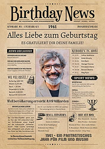 PRINTALA Geburtstagszeitung - personalisiert mit Deinem Text & Foto | Jahrgang nach Wahl | Posterdruck (1961)