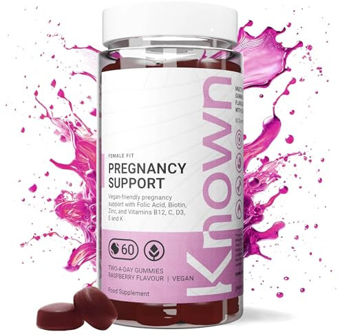 Known Schwangerschafts-Support Gummies mit 400mcg Folsäure – Himbeergeschmack – Veganes Pränatales Multivitamin Gummibärchen-Supplement mit Vitamin D3, K, C, E, B12, Biotin & Zink – 1 Monat