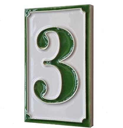 Numéros de maison en céramique italienne peints à la main - Design simple - Vert - Dimensions : 11 x 7 cm (numéro 3)
