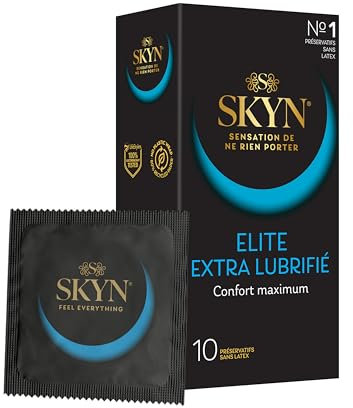 Skyn Elite Extra Lube : Lot de 10 Préservatifs sans latex Skynfeel pour Hommes / Taille Standard, Extra Lubrifiés, Préservatifs Fins, Forme Droite Lisse / Diamètre 53mm