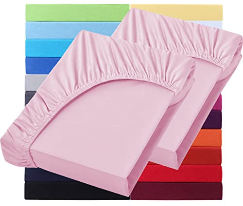 NatureMark Basic 2er Set Jersey Spannbettlaken 90 x 190 cm - 100 x 200 cm - 25 cm Steg - 100x200cm Spannbetttuch - 100% Baumwolle, Rosa