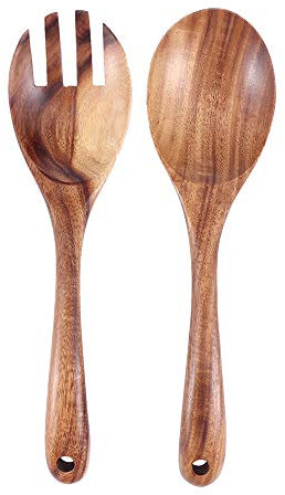 Leadigol 1 juego de cucharas de madera natural para cocina, cucharas grandes para servir ensalada, tenedor de madera, juego de cubiertos
