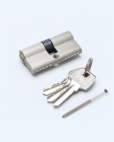 60MM Solid Brass Lock Cylinder with 3 Brass Keys Satin Nickel Door Lock Cylinder Replacement (60MM-Key Key)