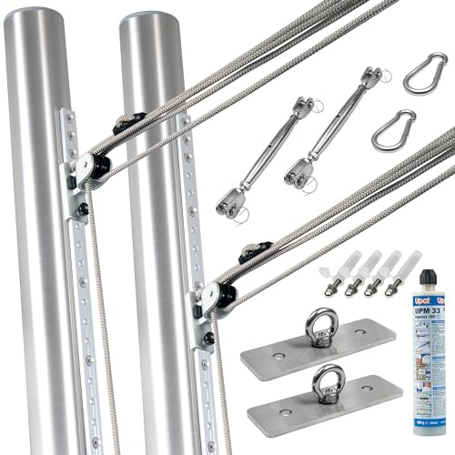 Pina DESIGN seit 1979 - Befestigungs-Set für viereckige Sonnensegel | 2 Wandhalter & 2 Masten höhenverstellbar & inkl. Zubehör (In Mauerwerk - 2X Wandhalter/Verankerungen, 2X Wantenspanner/Karabiner)
