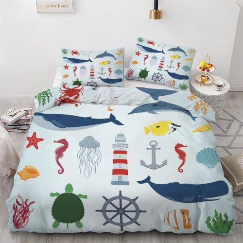 ROUSKI Bettwäsche Maritime 135x200 cm 2teilig 100% Mikrofaser Kinderbettwäsche Wal Leuchtturm Wendebettwäsche mit Reißverschluss 3D Motiv Zimmer Dekor Bettwäsche-Sets mit Kissenbezüge 80x80