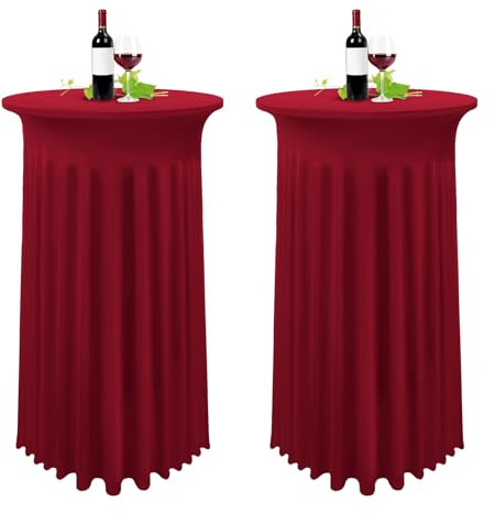 2er-Set Stretch Stehtisch Husse für Bistrotisch Weinrot Ø 80-85 cm Spandex Stretch Tischdecke mit Rock, Tischrock Für Hochzeit Geburtstagsfeier Bankett und Bistrotische(80×110cm,Burgund)