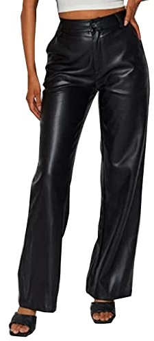 IQYU Pantaloni in Ecopelle da Donna Nero, Pantaloni Estivi da Donna Leggeri Lunghi in Ecopelle PU a Gamba Larga Strumpfhosen in Ecopelle Elasticizzata High Waist Leggings Elegante Pantaloni Outdoor