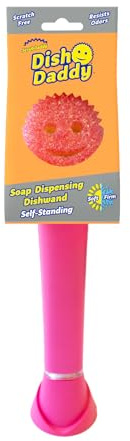 Scrub Daddy Dish Daddy, spazzola per piatti che eroga sapone, spugna per lavare con impugnatura liquida, raschietto incorporato e testina di pulizia staccabile, supporto per sgocciolamento, Rosa