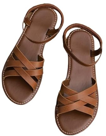 MEIION Aya - Sandales d'été plates en cuir pour femme - Sandales plates à lanières ouvertes au niveau des orteils, marron, 38 EU