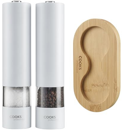 Cooks Professional Electric Salt and Pepper Mill Set with Bamboo Base | Battery Operated Automatic Grinders with Adjustable Grinding & One Touch Operation | Condiment Grinder & Stand | White