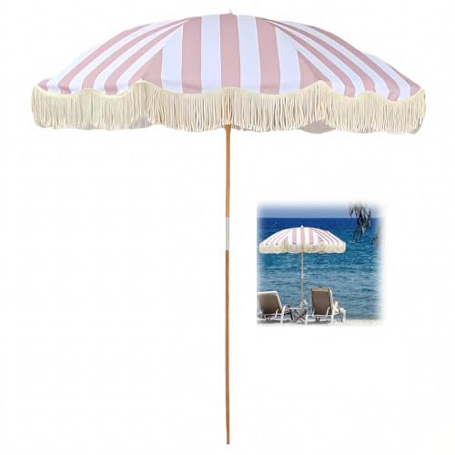 Parasol de Plage 200 Cm avec Frange, avec Rayures, Protection UV, Imperméable, for Jardin Extérieur