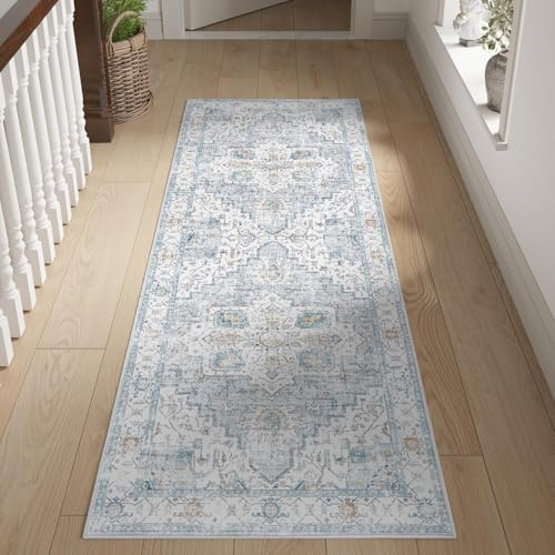 TOPICK Tapis de sol 60 x 150 cm, entrée bohémienne, antidérapant, lavable, pour salon et couloir, imprimé floral oriental, petit, pour chambre à coucher, cuisine, salle de bain, salle à manger,