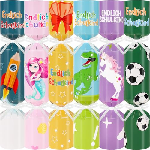 DPKOW Schulkind Schultüte Füllung Mädchen Jungen, Einschulung Geschenkboxen Schulanfang Geschenkverpackung Mädchen Jungen Schultüte Bastelset, 12 Crackers Boxen Einhorn Fußball Geschenk Einschulung