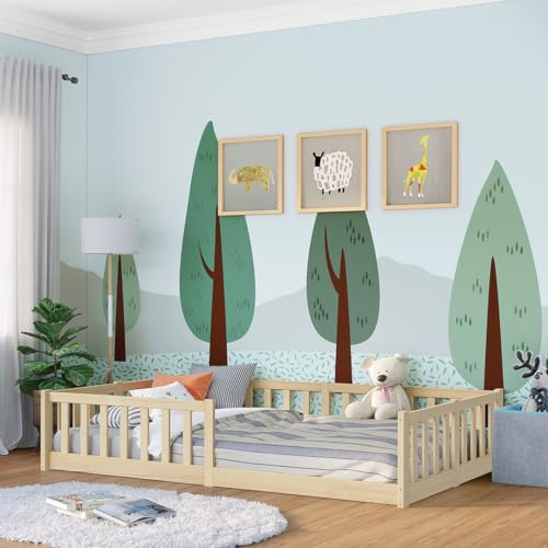 Bellabino Vere Bodenbett 120x200 cm, Massivholz Kiefer, Kleinkindbett Natur | Montessori Kinderbett mit Rausfallschutz & Lattenrost, Massivholzbett für Jungen & Mädchen aus Holz Kiefer, Kleinkindbett