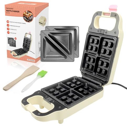 HeHoGoGo Waffle Maker Electric Sandwich Maker 2 in 1 with Non Stick Removable Plates