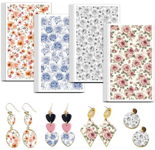 OLYCRAFT 24pz Carta Da Trasferimento In Argilla Rosa Linea 4 design Carta per Trasferimento Rosa Rosa per Argille Polimeriche Fogli di Trasferimenti Floreale Blu per Creazione di Gioielli Orecchini