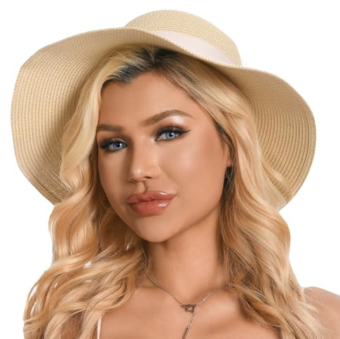 Gajaous Strandstrohhüte für Frauen Sommer Strand UV-Hut Faltbarer breiter Rand Strohhut,Leichter Faltbarer Sommerreise Strohhut