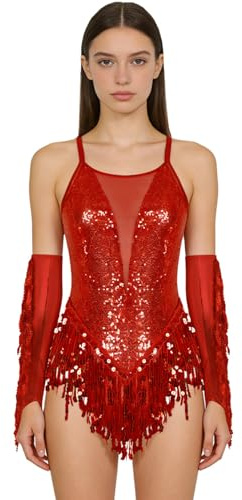 inlzdz Damen Pailletten Latein Tanzkostüm Tanzkleid Fransen Trikot Tanzanzug Body mit Handschuhe Rückenfrei Salsa Cha Cha Standard Dance Outfit Wettkampf Bühne Rot L