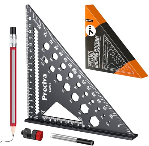 Preciva Carpenters Speed Square 7inch, 6 in 1 Set Squares with Pencil And Fixed Block, Metric Aluminum Alloy Triangle Ruler, Multifunctional Woodworking Tools for Builders, Joiners