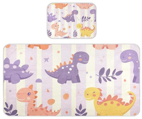 Kühlende Babymatratze, Motiv: Cartoon-Dinosaurier, 71,1 x 132,1 cm, hellviolette Streifen, atmungsaktive Matratzenauflage für Kinder, Erwachsene