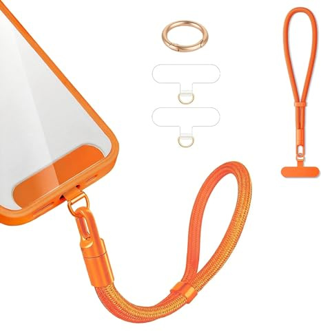 Kurz Handykette Handyanhänger Handyband Handy kette Lanyard Verstellbarer Handgelenkband mit 3 Patch Universal für alle Handytaschen iPhone 16 Pro Max Anhänger für Schlüsselbund USB-Stick Orange