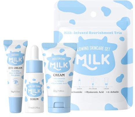Milk Skin Care Sets & Kits, Milk Skincare Set for Love, Valentine's Day Gifts, Facial Kits for Women,3PCS Travel Skincare Set, Gifts for Women with Serum, Eye Cream, Moisturiser