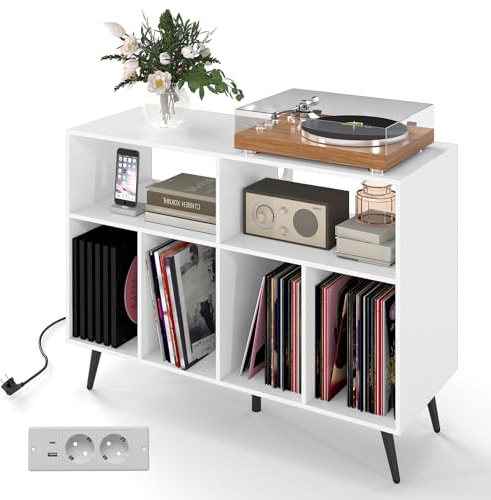 KOMFOTTEU Mueble para Tocadiscos de 3 Niveles, Soporte de Discos de Vinilo con 4 Compartimentos y 2 Estantes Abiertos, Mesa para Tocadiscos con 5 Patas de Metal (Blanco, con Estación de Carga)