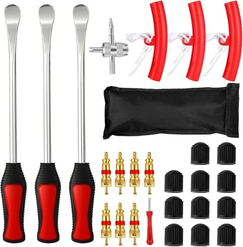 kaiyaya Neumáticos De Palanca,26 Pcs Desmontadores de Neumático Kits con 3 Protectores de Llanta,Cuchara de neumáticos,11 Tapones de Válvula para Moto/Bicicleta/Coche