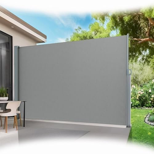 Toldo lateral retráctil para exteriores de 118 x 63 pulgadas, toldo lateral impermeable y valla plegable para parasol en gris claro, ideal para patio, jardín, terraza y balcón