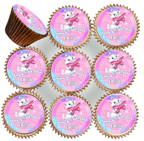 30 x MARIE CAT BIRTHDAY PERSONALISED EDIBLE ICING 3.8 cms CUPCAKE TOPPERS DECORATIONS D-797