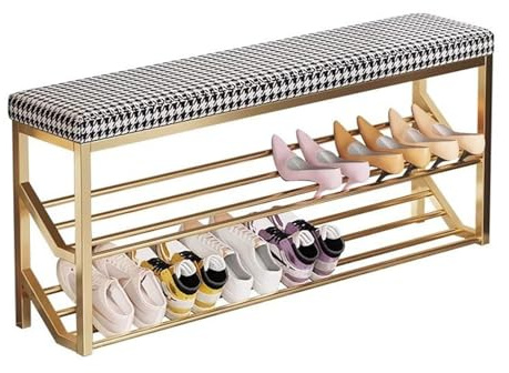 Tabouret à langer étroit avec étagère de rangement à 2 niveaux en cuir synthétique et cadre en métal élégant pour couloir et salon (noir et doré, 120 x 20 cm)