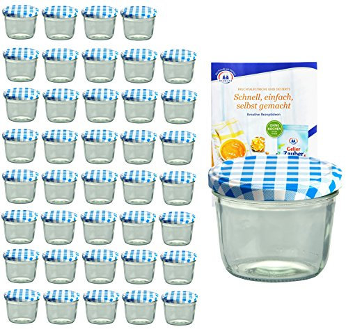 Lot de 40 bocaux en verre de 230 ml, livrés avec couvercles, agent gélifiant de la marque Diamant et livre de recettes ; plusieurs couleurs de couvercle au choix. Bleu/carreaux