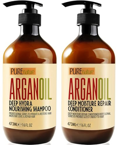 Argan Oil Shampoo and Conditioner Set - Sulfate Free Moroccan Care with Keratin - For Curly, Straight, Dry and Damaged Hair - Moisturizing, Hydrating, Anti Frizz Salon Technology