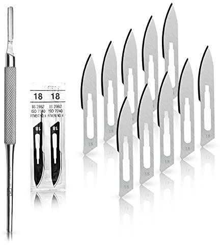 Set avec 10 x lames de scalpel N° 18 - Lame stérile en acier au carbone et 1 x May - manche de scalpel Figure N° 4 avec manche rond en acier inoxydable