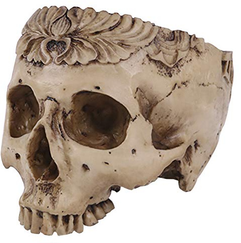 ChezMax Realistic Human Skull Resin Halloween Candy Bowl Flowerpot Dish Statue Sculpture Skeleton, 7.68 Inch, Floral Carved
