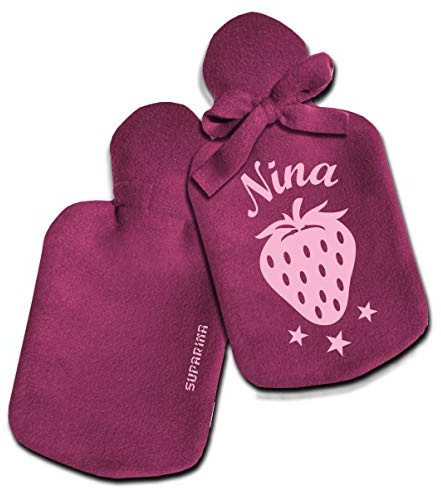 SupaRina Wärmflaschen-Bezug mit Namen und Motiv Erdbeere Strawberry Rosa Pink personalisiert, Farben und Motiv nach Wahl, befüllbar kalt oder warm, weicher Fleece, 28x16 cm, auch mit Flasche 0,8 l