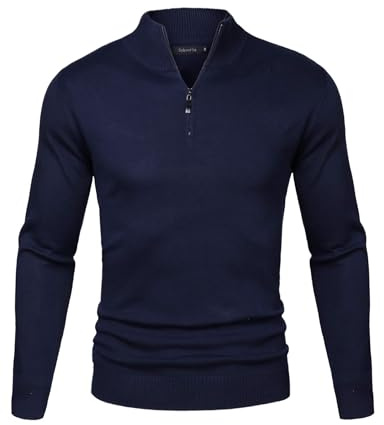 Sykooria Pull Homme à Col en V Hiver Coton en Col Droit Fermeture Éclair Classiques,Bleu Marin,L