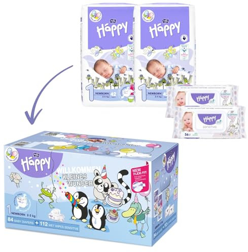 bella baby Happy Windeln comfort Größe 1 Newborn 2-5 kg | Geschenk zur Geburt | 84 Windeln + 2er Pack Feuchttücher Sensitive | Babyerstaustattung