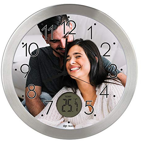 PROMO SHOP Gran Reloj de Pared Carcasa de Aluminio Cepillado Personalizado con Imagen o Logo (Esfera A) · Mecanismo Silencioso ?Sweep? · Reloj Cocina Pared con Termometro · Incluye Caja de Individual