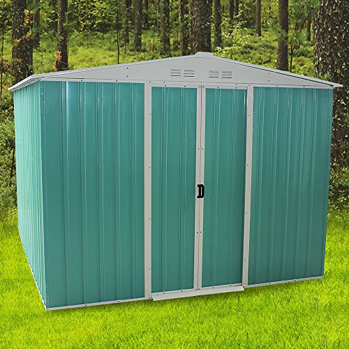 Outdoor Metal Garden Storage Shed Box Waterproof Flat Roof Building Foundation Sheds with 2 Sliding Doors Outdoor Furniture Green (244cm × 183cm × 191cm)